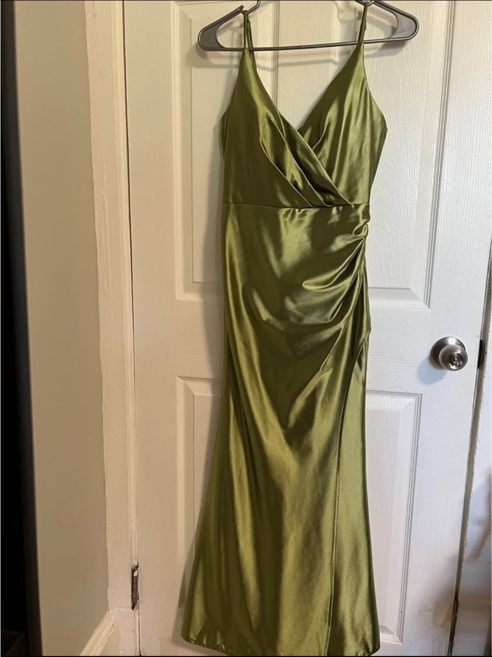 Olive Green Satin Spaghetti-Strap Evening Dress